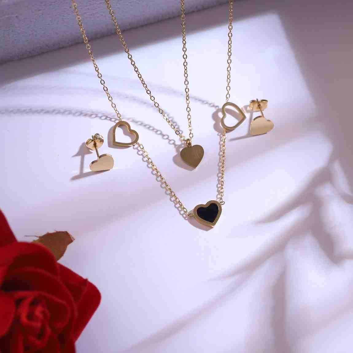 Golden Heart Pendant & Earrings Set
